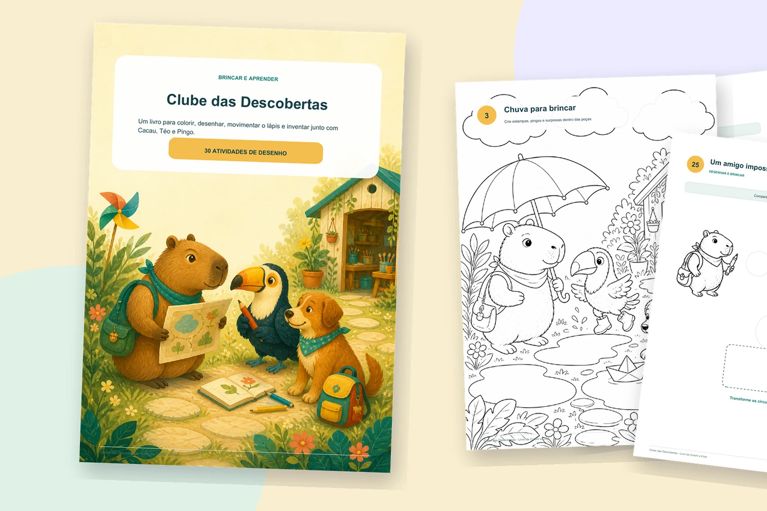 Clube das Descobertas: capa do PDF e páginas reais das atividades imprimíveis